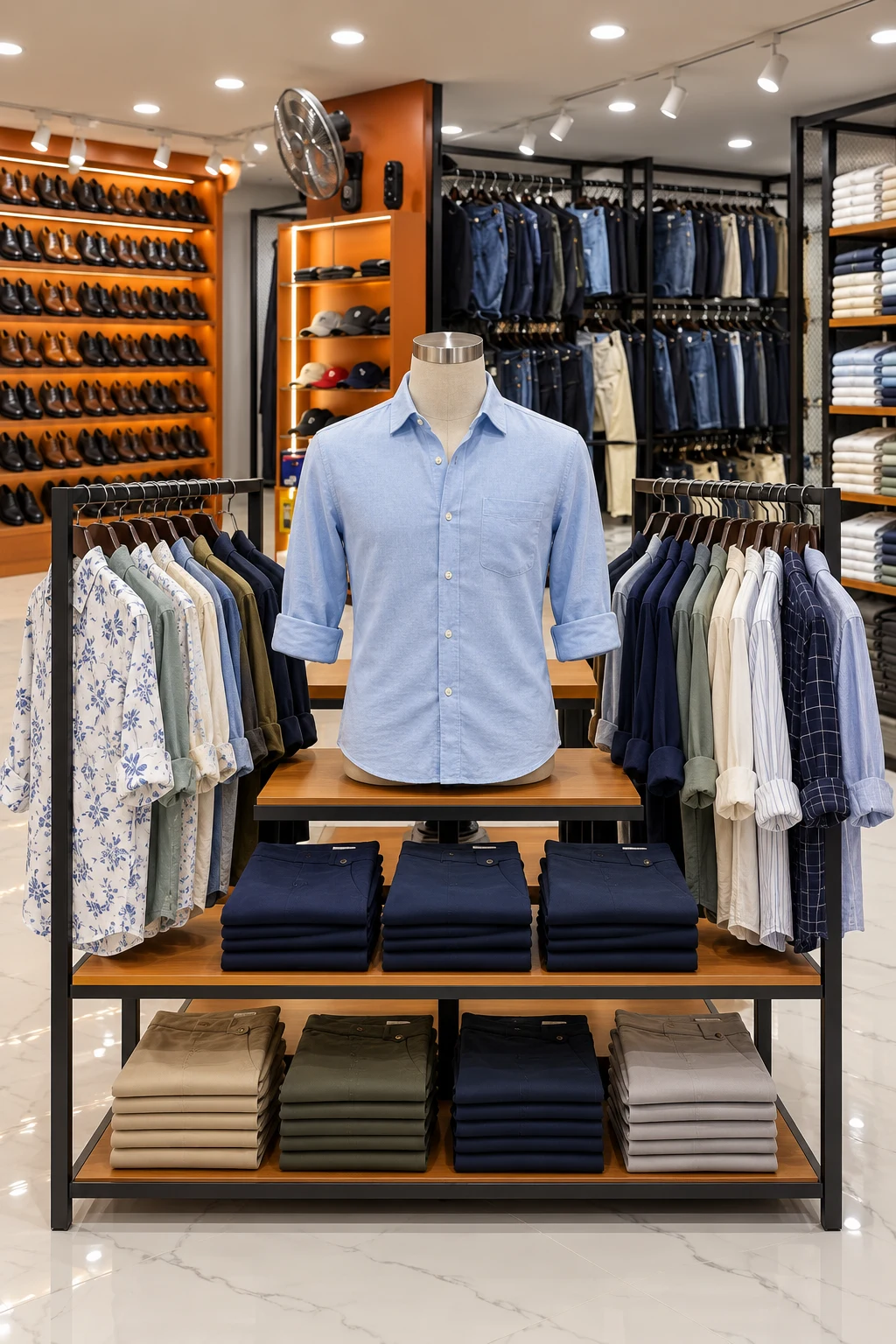 AI-generated menswear retail concept with a casual blue shirt and folded chinos.