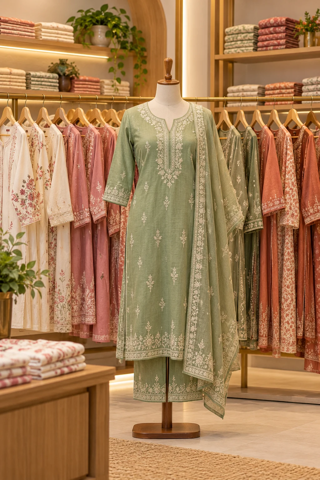 AI-generated Saya womenswear retail concept with an embroidered sage kurta display.