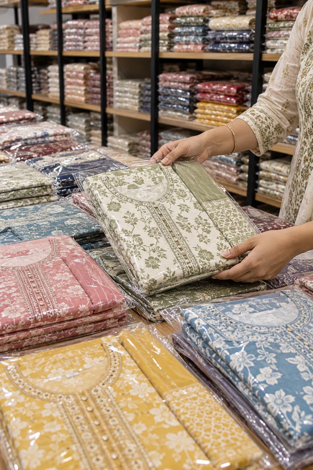 AI-generated womenswear wholesale concept with packaged kurta sets being selected.