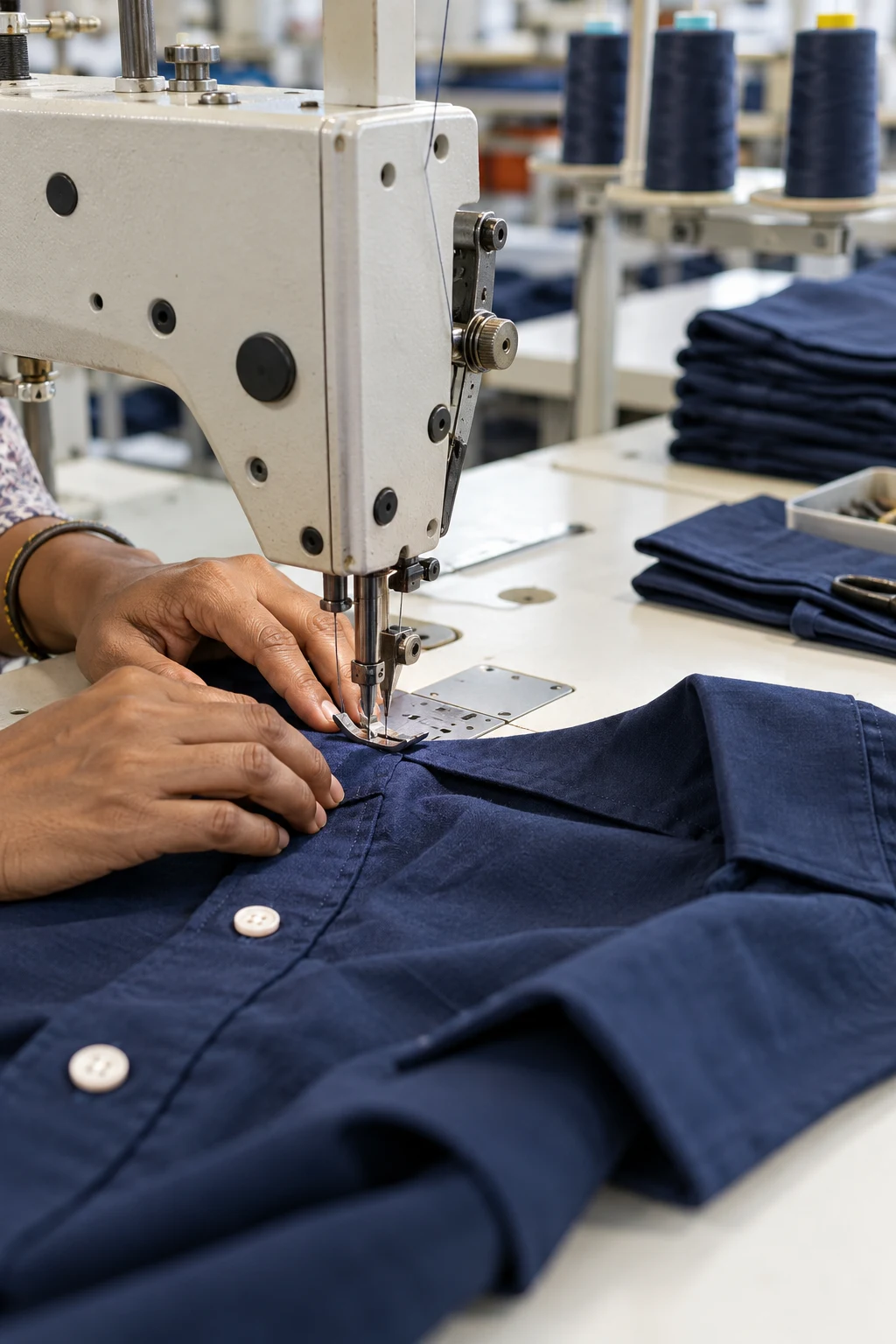 AI-generated apparel-making concept with hands guiding a navy shirt through a sewing machine.