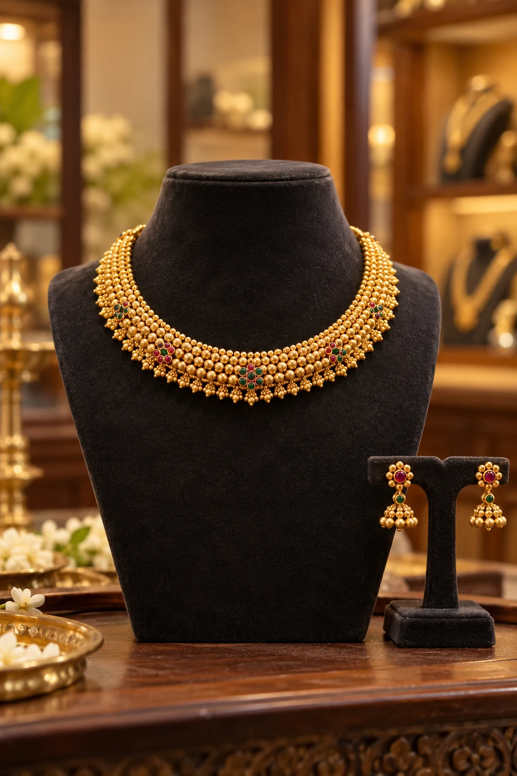 AI-generated traditional Maharashtrian jewellery display concept with a necklace and earrings.