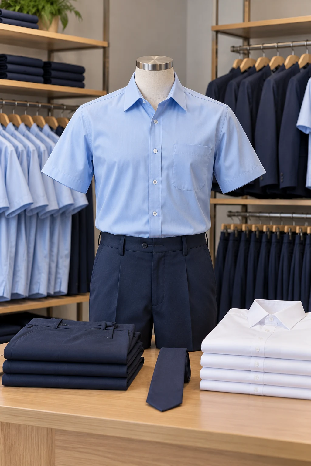 AI-generated uniform concept with a light-blue shirt, navy trousers and folded uniform garments.
