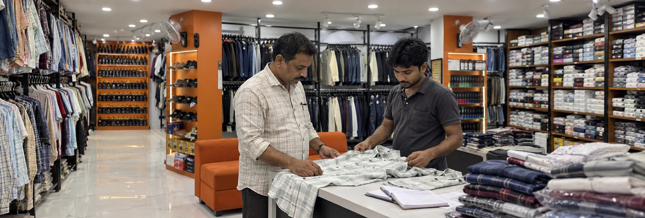 AI-generated scene of an associate and customer selecting apparel in a Maaax-inspired store
