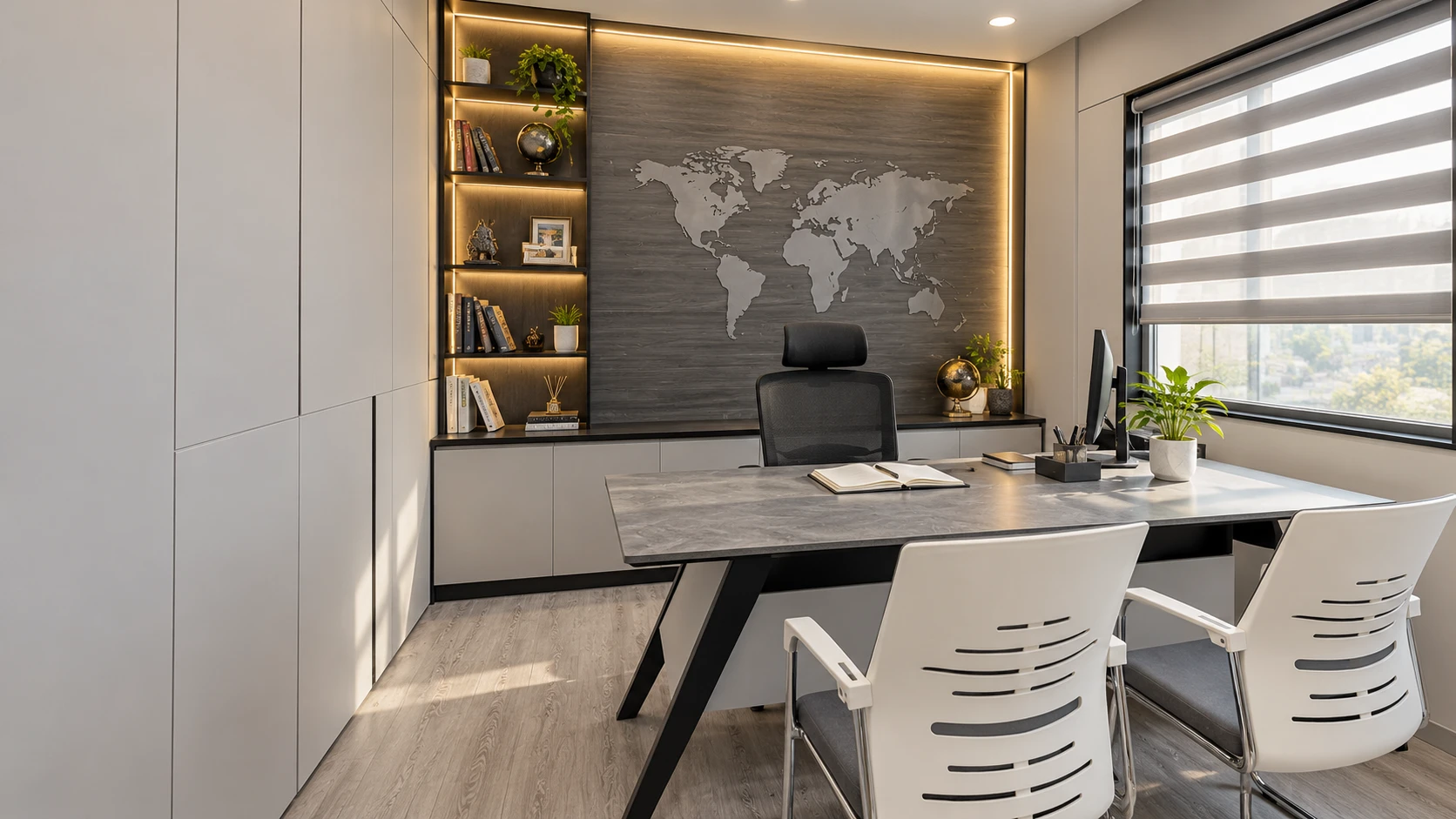 AI-generated consultation office inspired by Maaax’s grey wood interiors and warm shelving