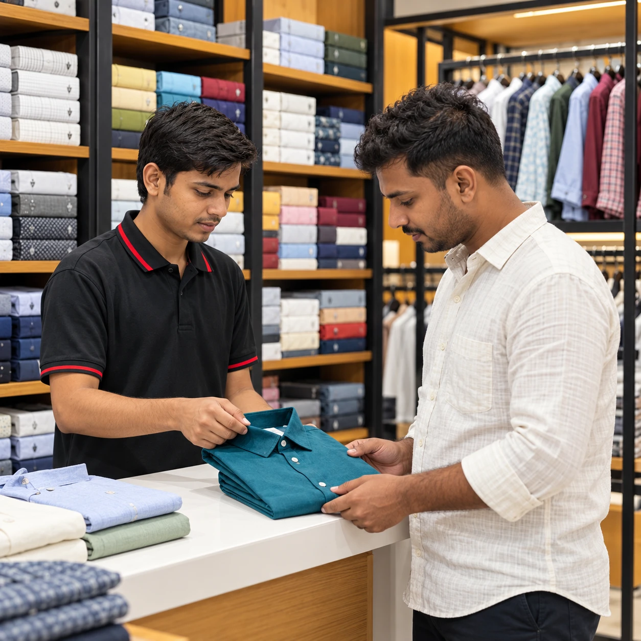 AI-generated scene of an apparel associate helping a customer, inspired by Maaax’s store