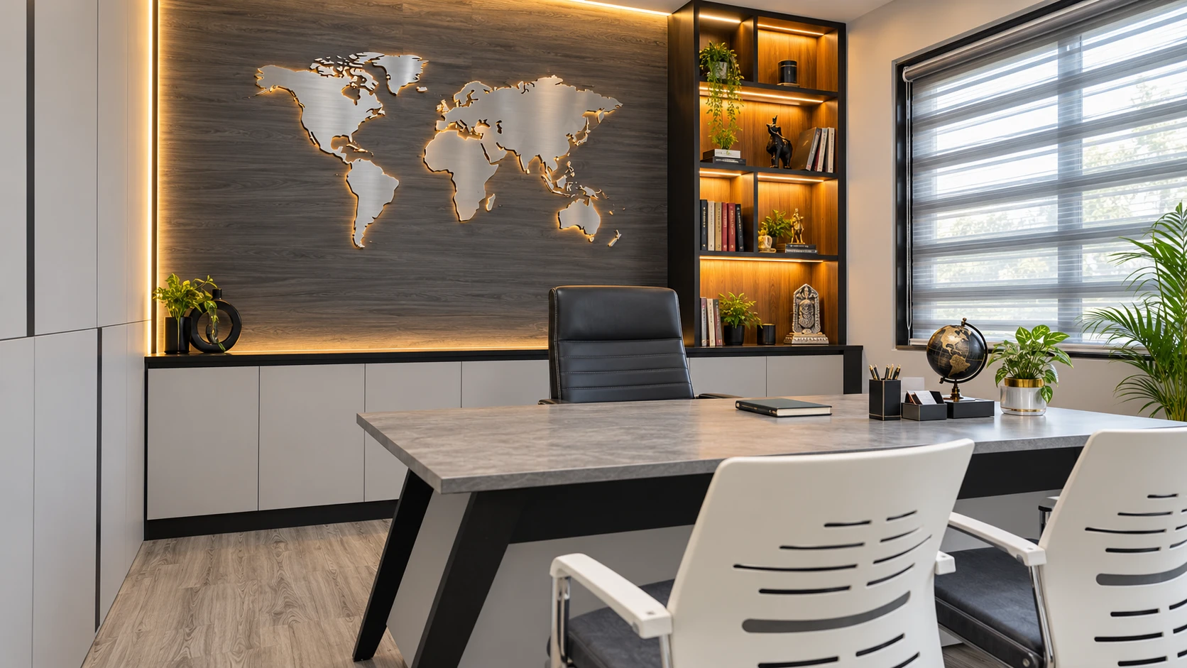 AI-generated office interior inspired by Maaax’s grey wood feature wall, world map and warm shelving