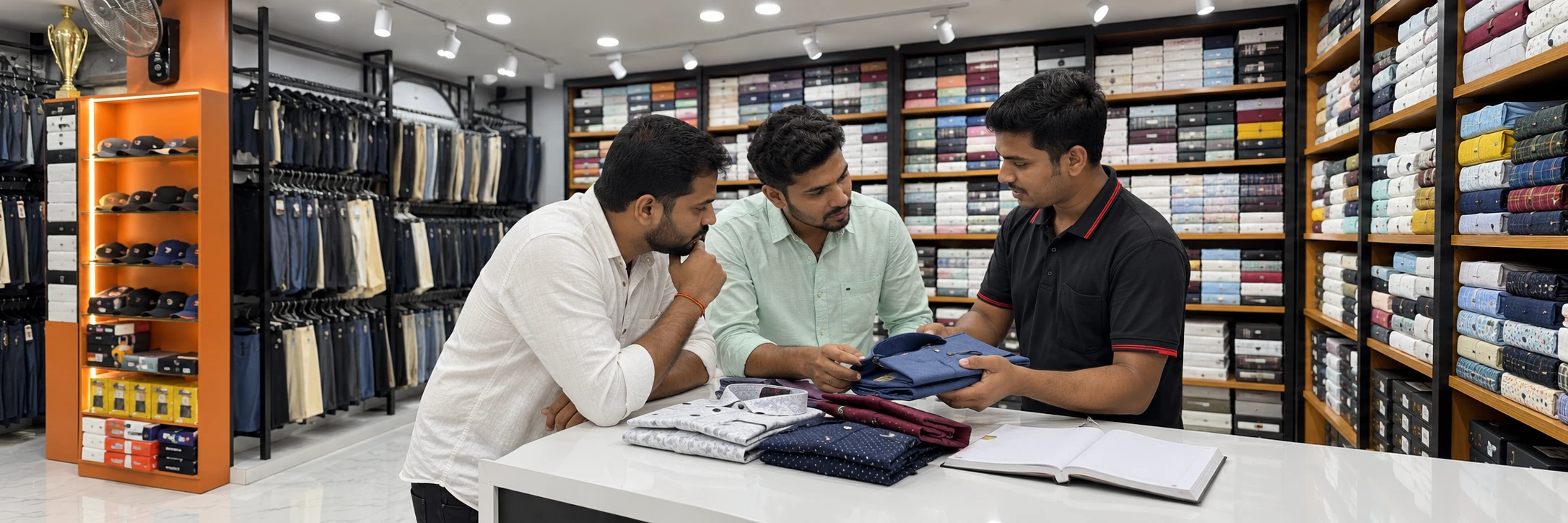 AI-generated scene of buyers and an associate discussing apparel in a Maaax-inspired store