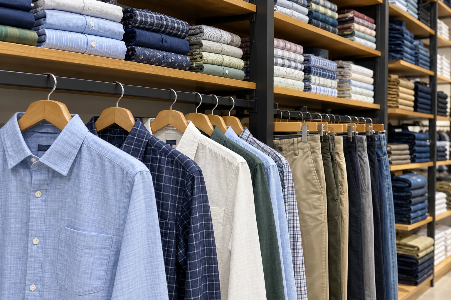 AI-generated store detail of men's collared shirts and trousers on rails