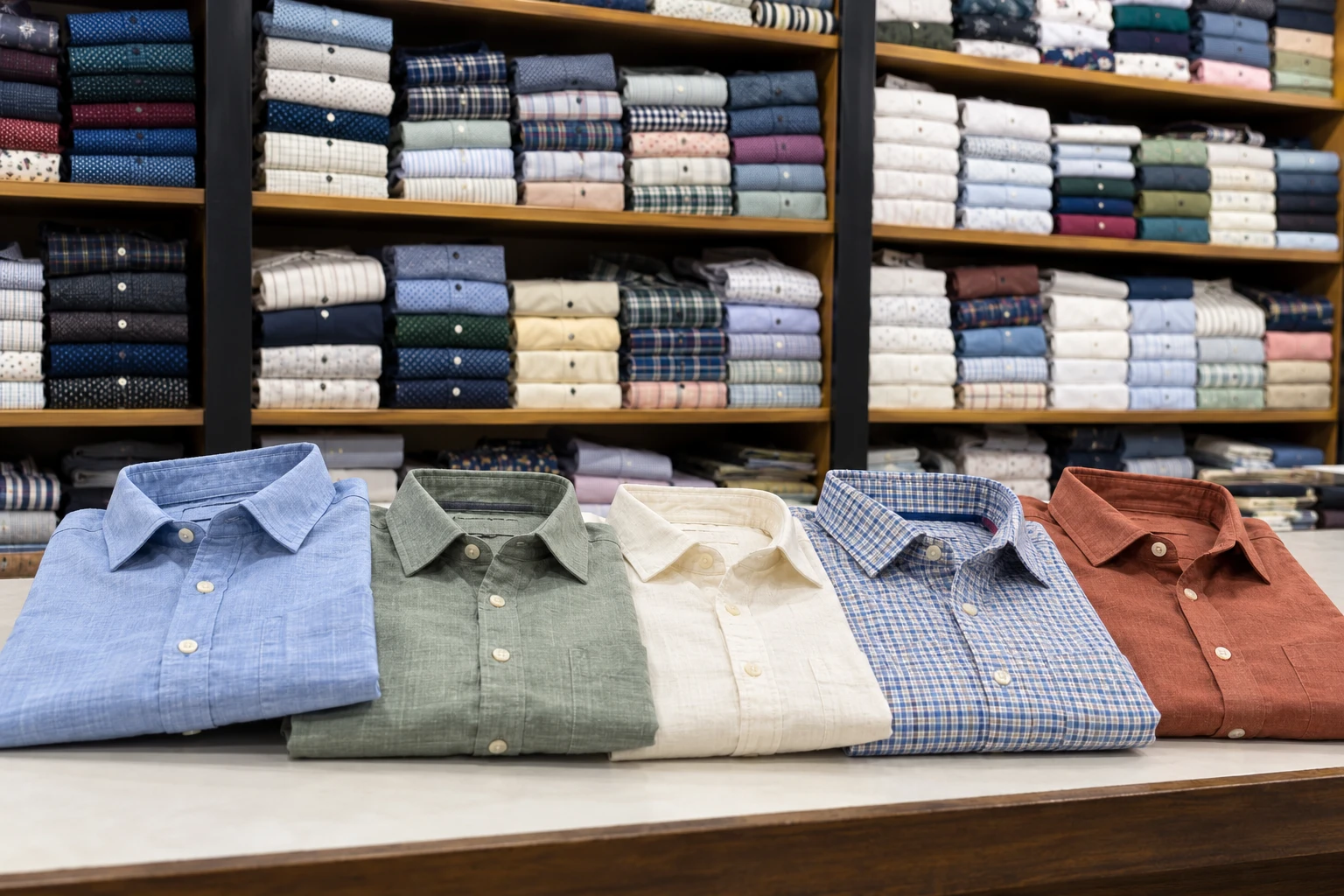 AI-generated concept of men's collared shirts in blue, sage, ivory, check and rust