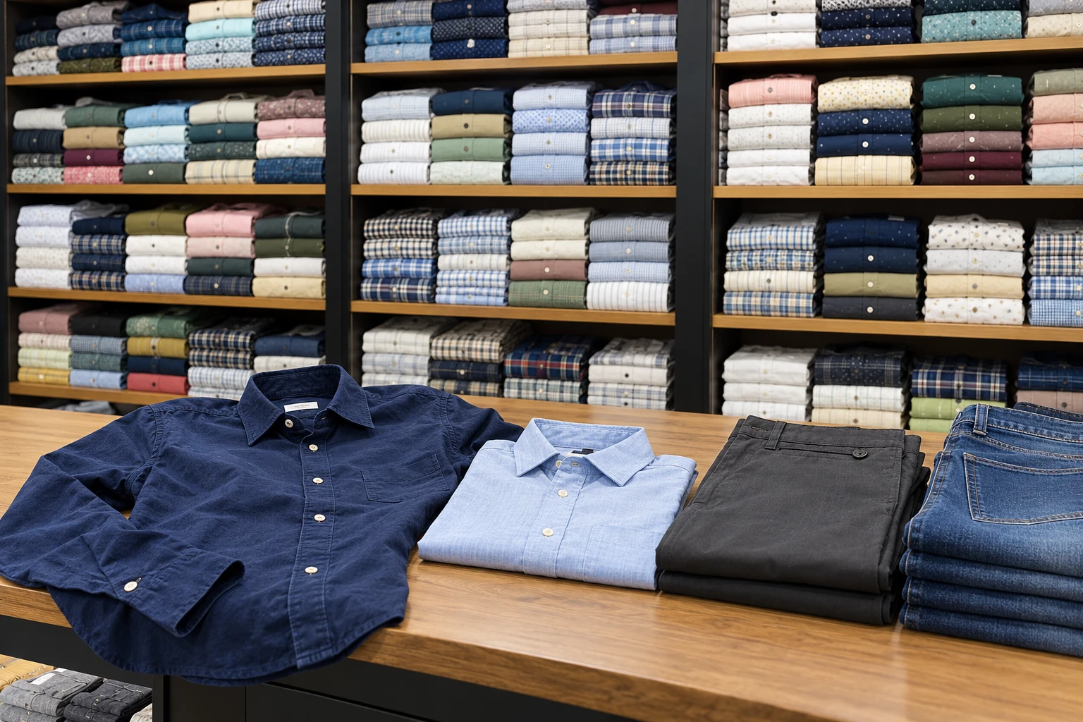 AI-generated display of men's navy and blue shirts, charcoal chinos and denim