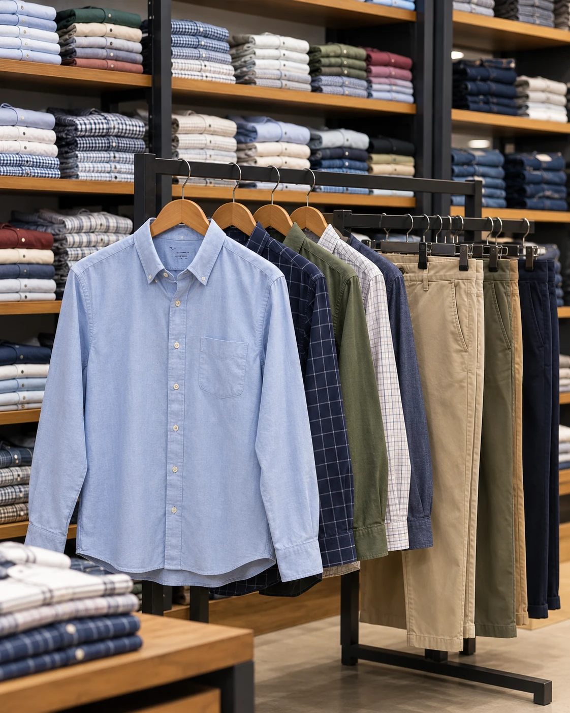 AI-generated menswear rail with regular-fit collared shirts and chinos