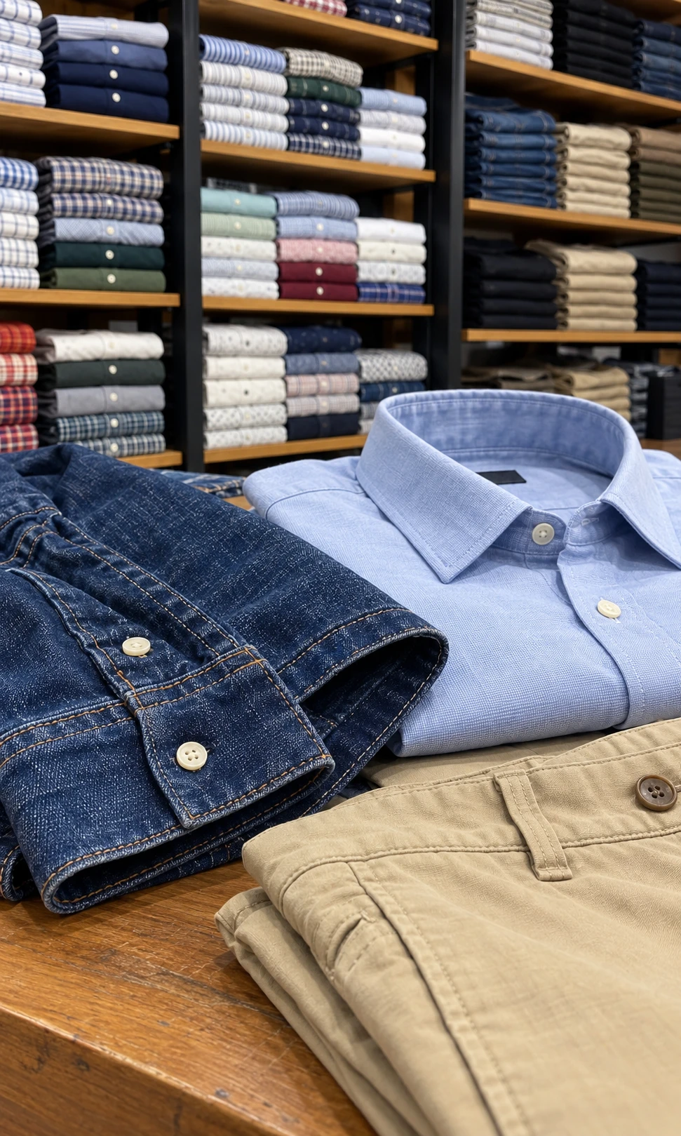 AI-generated close-up of men's denim and oxford shirt details beside cotton chinos