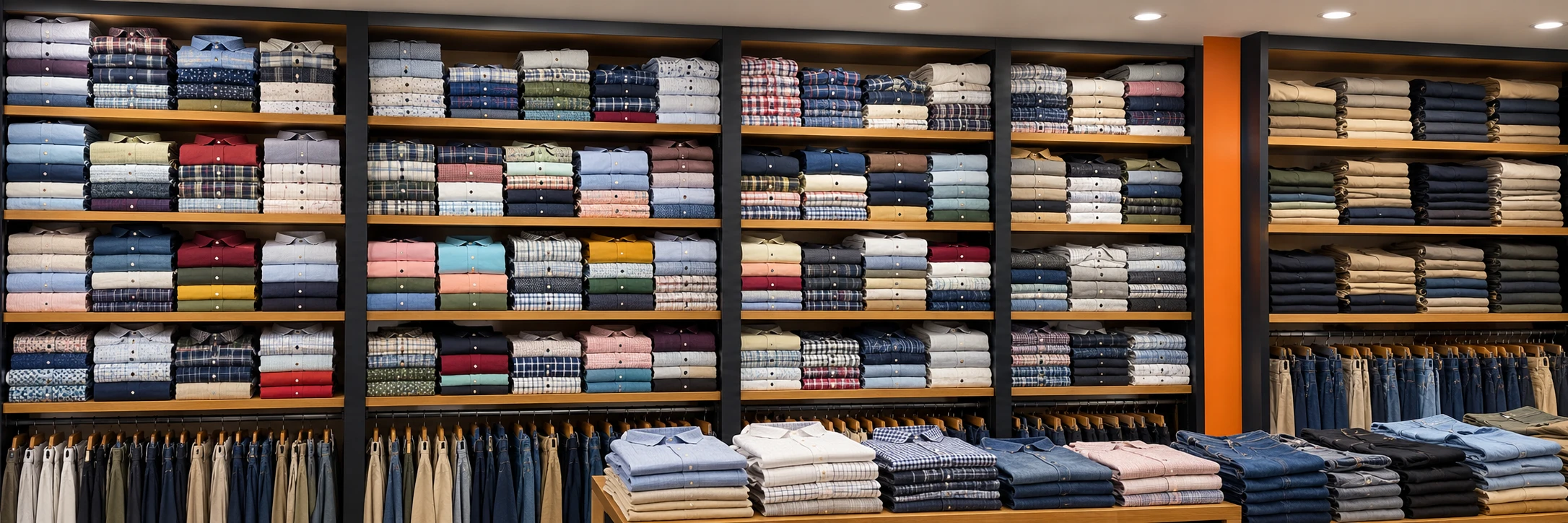 AI-generated menswear store concept with stocked shirt shelves and trouser rails