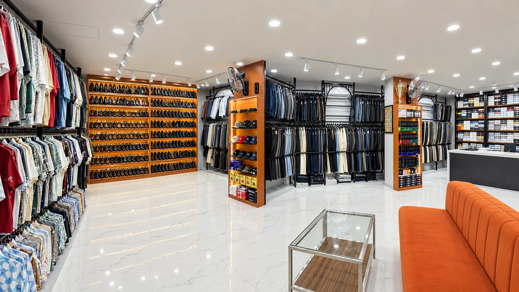 AI-generated visual inspired by Maaax Wholesaler’s apparel displays, orange seating and service counter