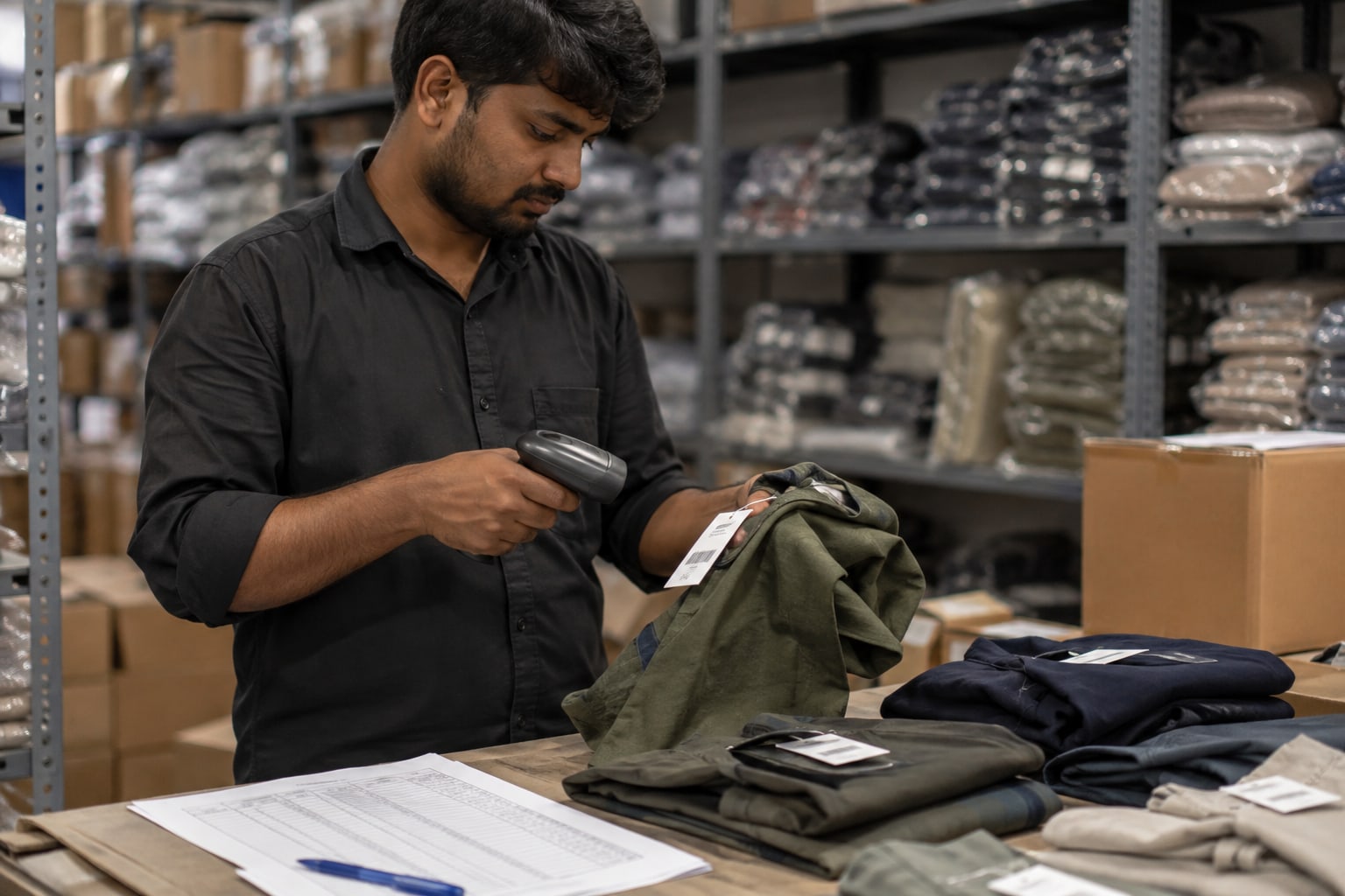 A team member checking apparel stock