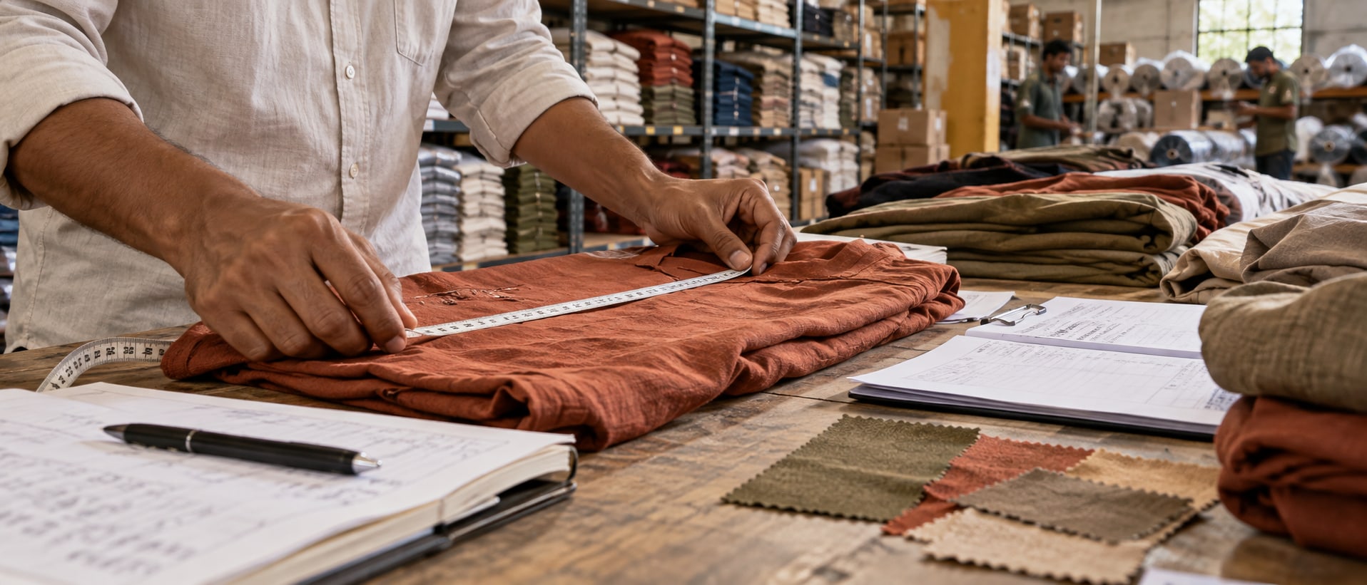 Hands measuring folded rust-coloured apparel beside wholesale order papers in a warehouse