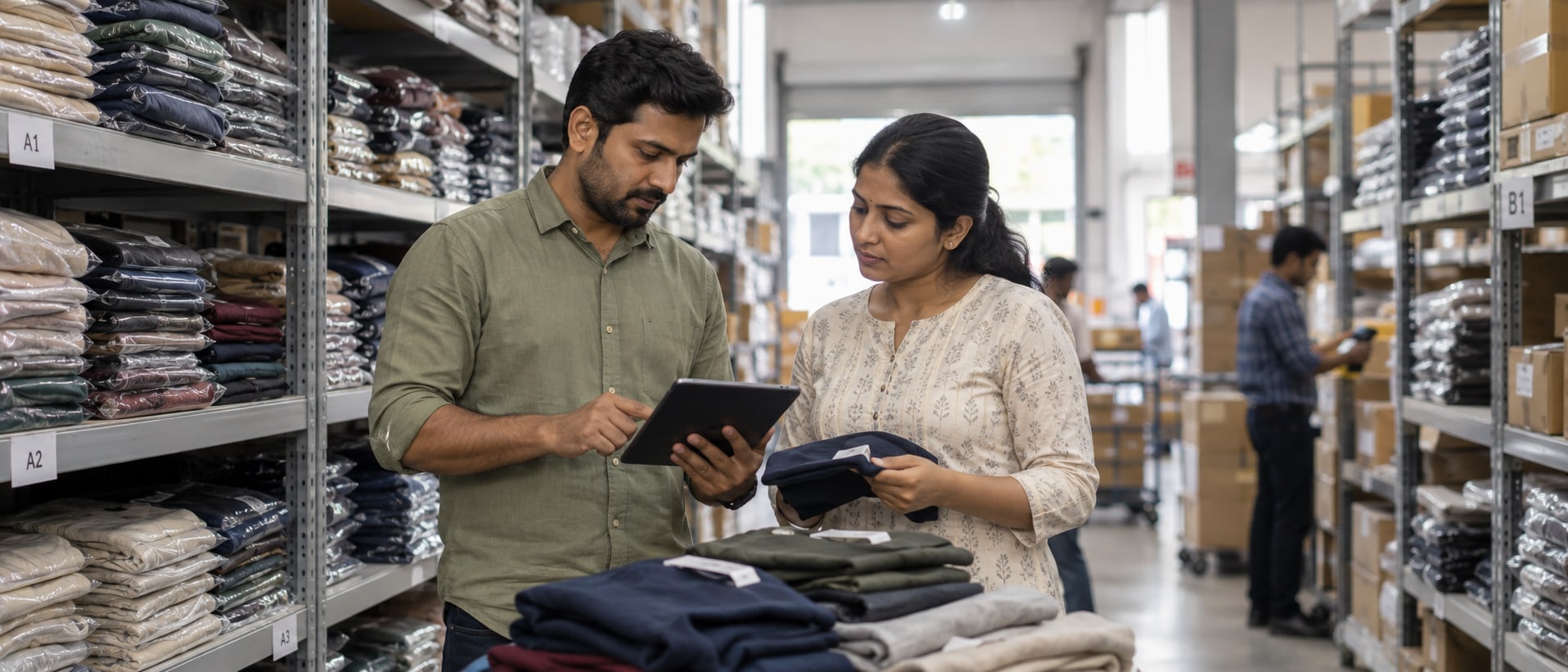 Two apparel wholesale team members reviewing stock together with a tablet in a warehouse