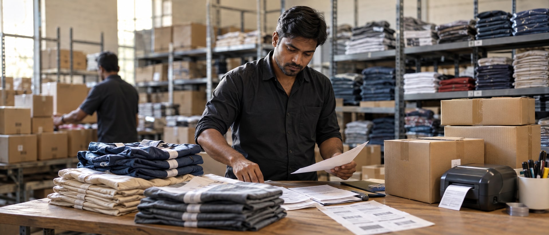 Warehouse employee checking order paperwork beside folded garments, cartons and a label printer