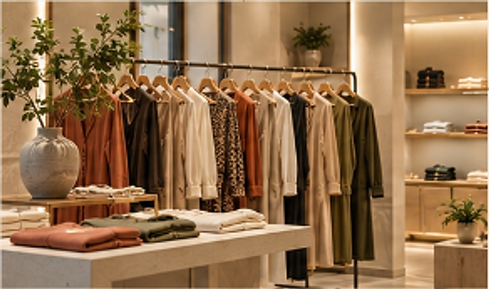 Brand visual of an apparel showroom with warm lighting