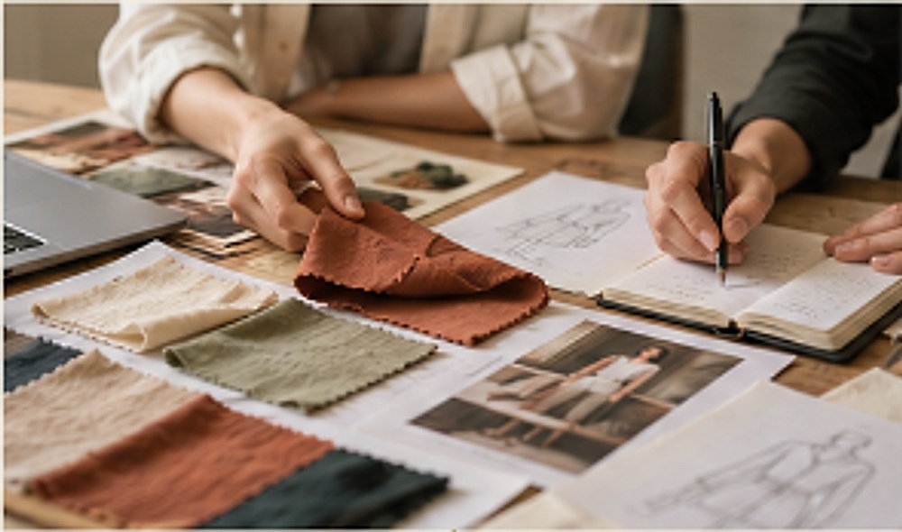 Brand visual of collaboration around fabric swatches and a planning table