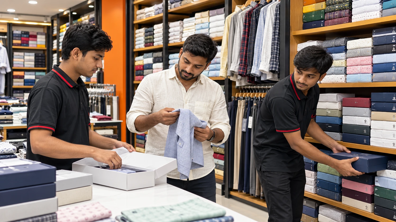 AI-generated scene of apparel associates and a buyer selecting shirts in a Maaax-inspired store.