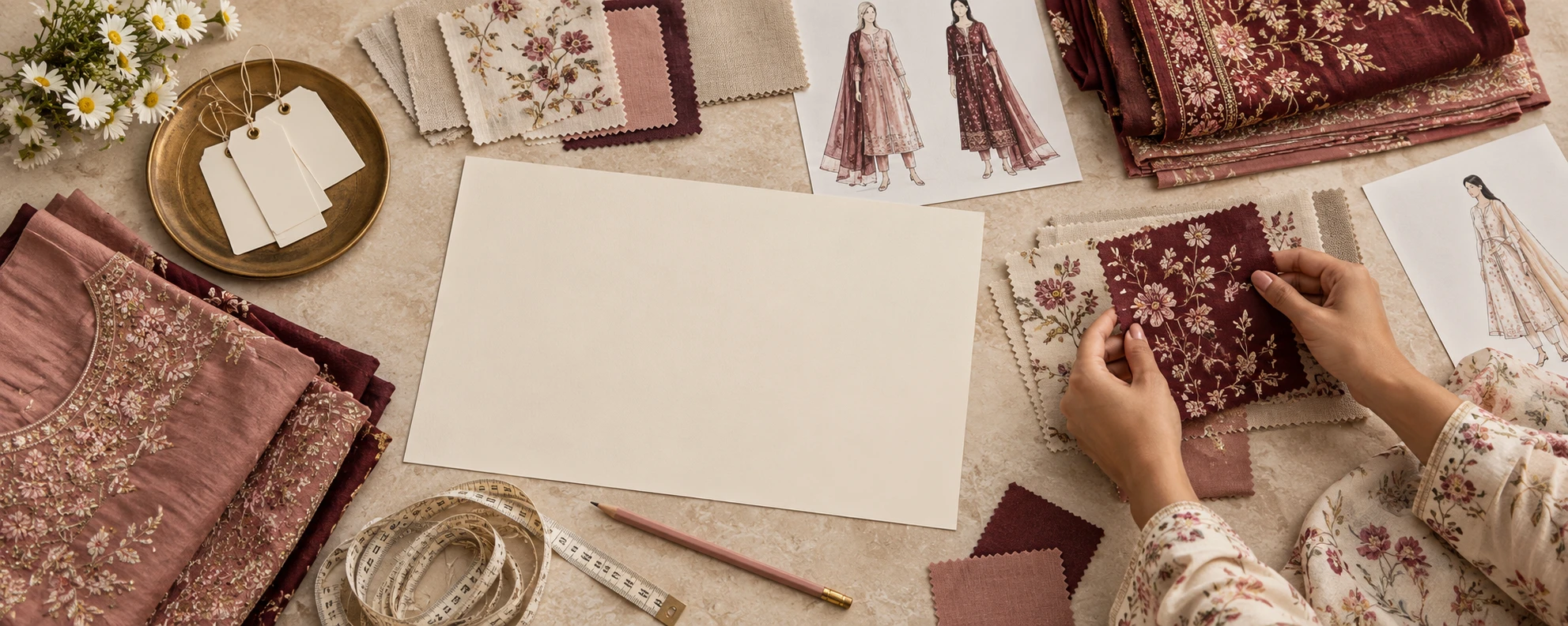 Wine and rose womenswear, fabric swatches, lookbook pages and a blank buying brief arranged on a wholesale desk, with a buyer evaluating a floral sample.