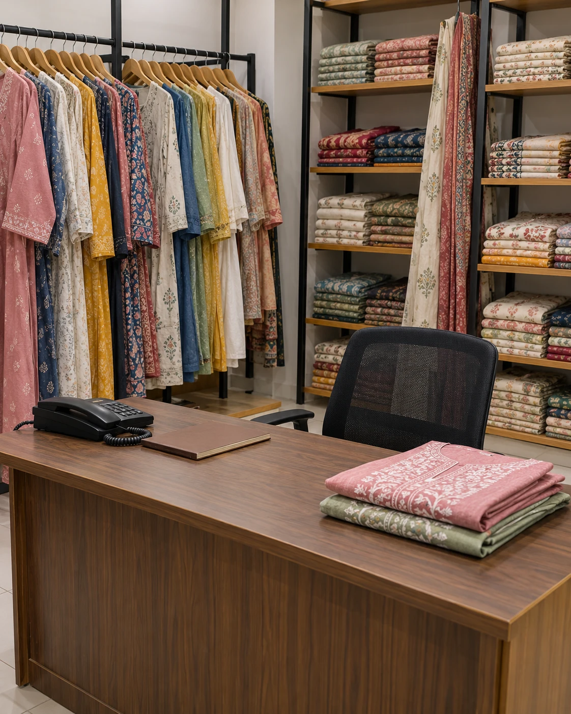 AI-generated concept of a practical wholesale enquiry desk beside clothing stock