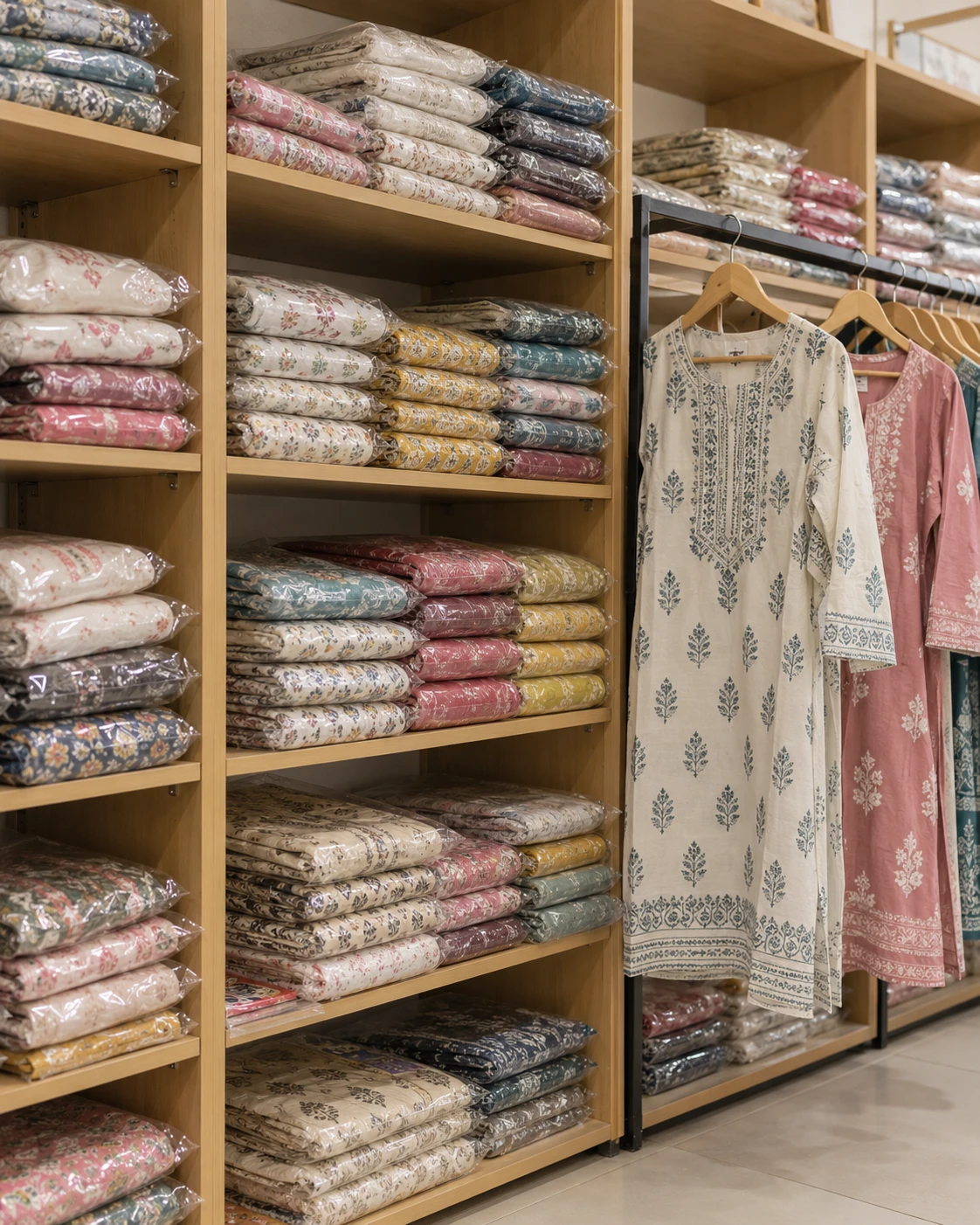 AI-generated concept of packaged womenswear stock and hanging kurta samples