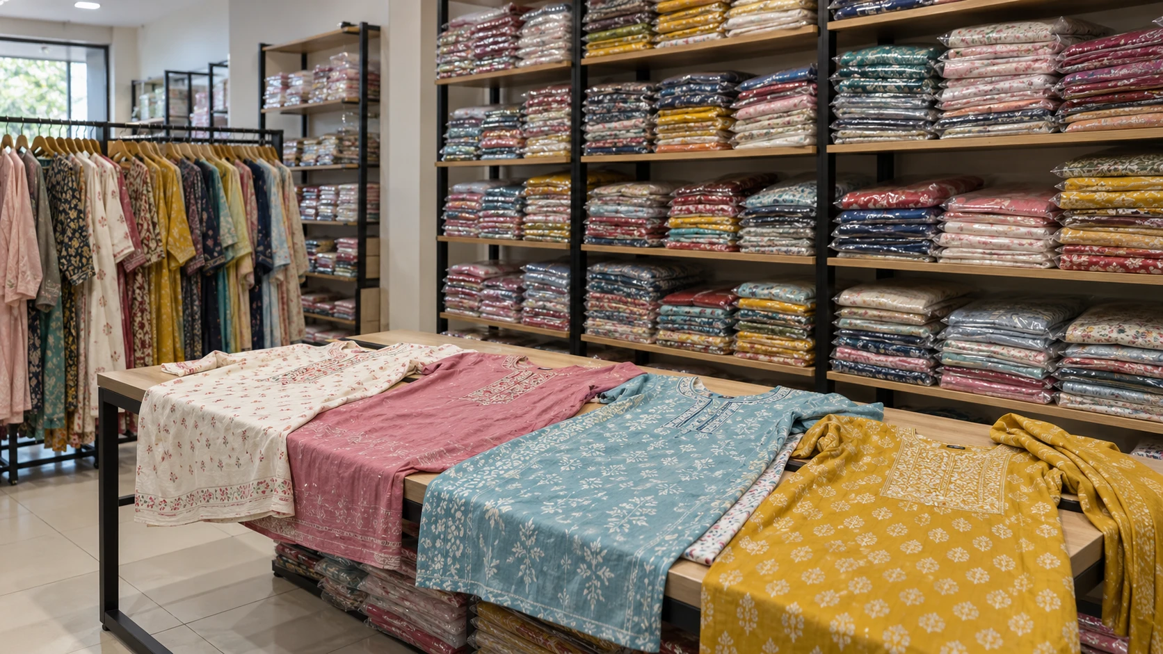 AI-generated concept of a womenswear wholesale showroom with packaged kurta stock and samples on a buying table