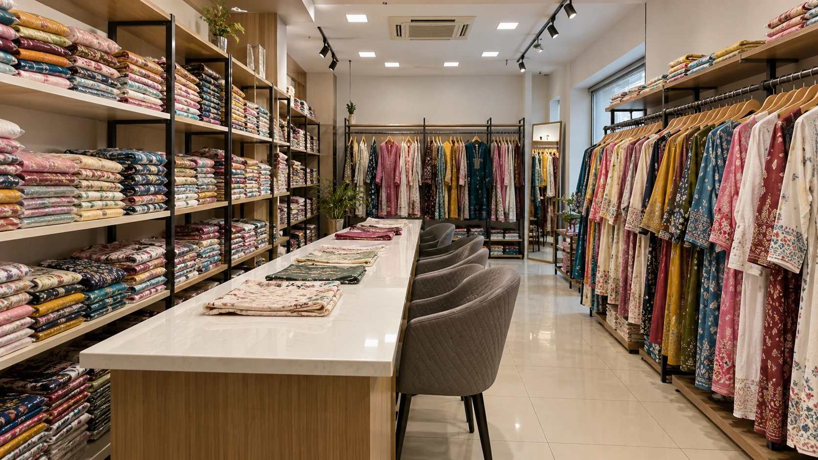 AI-generated concept of a wholesale womenswear aisle with shelves and a buying counter