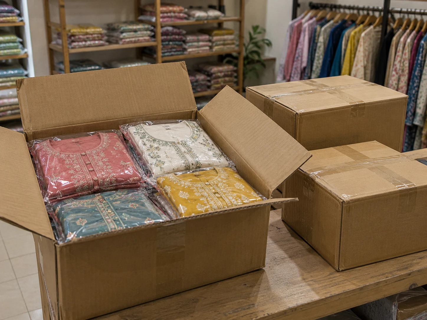AI-generated concept of wrapped kurta sets in a plain dispatch carton