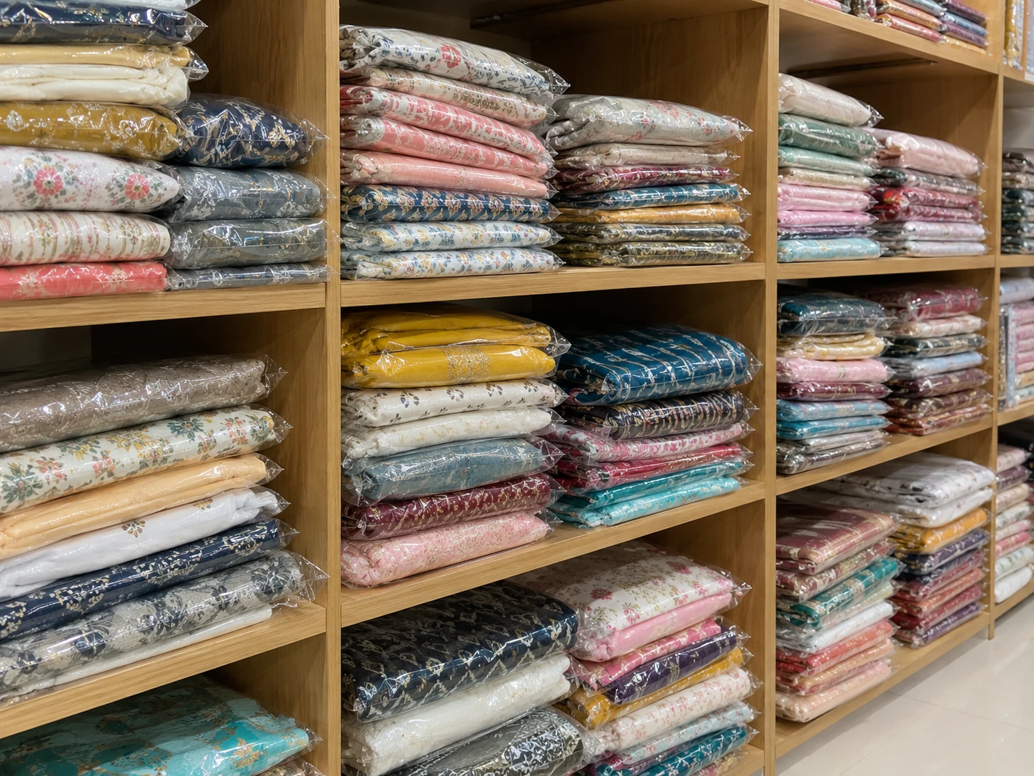 AI-generated concept of densely stocked shelves of clear-wrapped cotton kurta sets