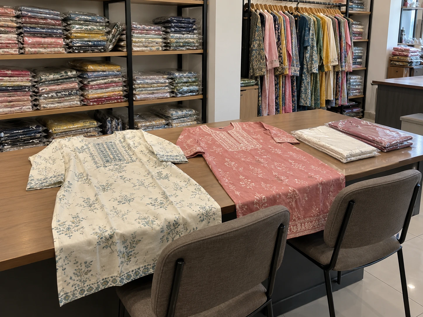 AI-generated concept of chairs and cotton garment samples at a wholesale counter