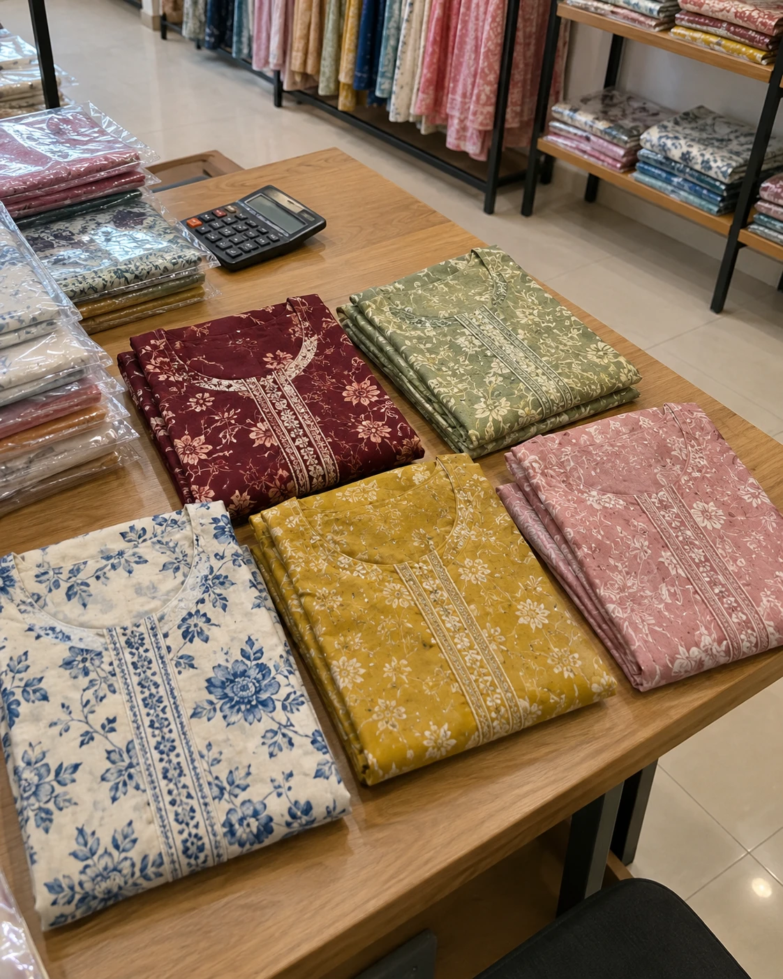 AI-generated concept of folded cotton kurta sets and a calculator on a buying table