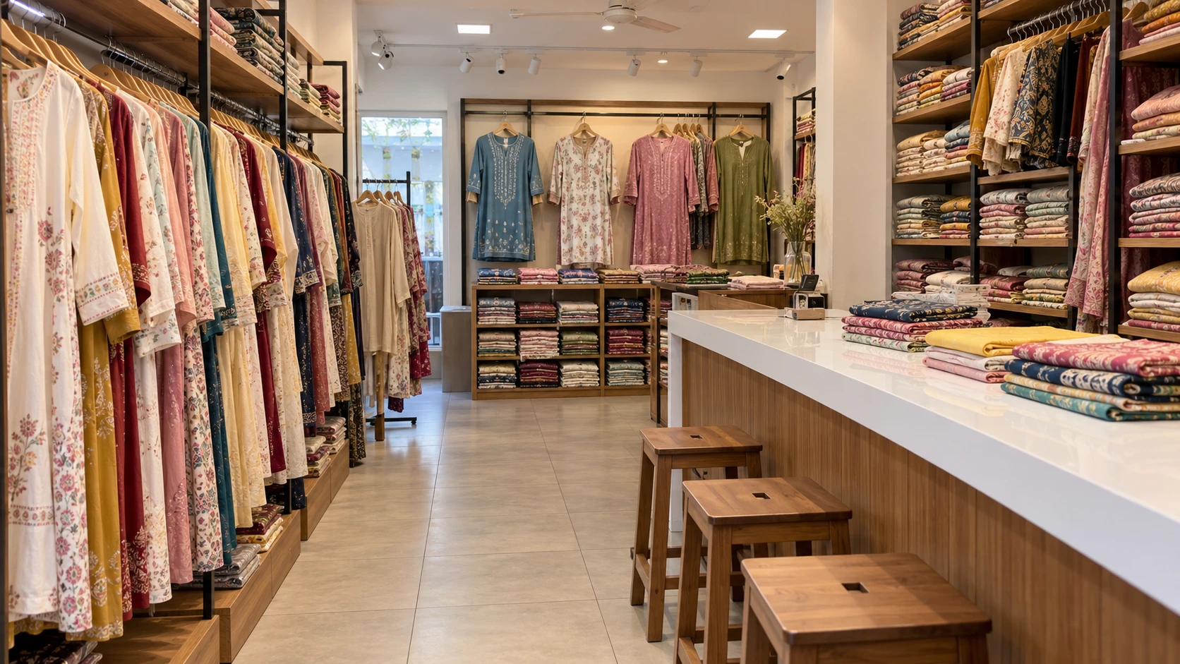 AI-generated concept of a compact wholesale showroom with a buying counter and sample kurtas