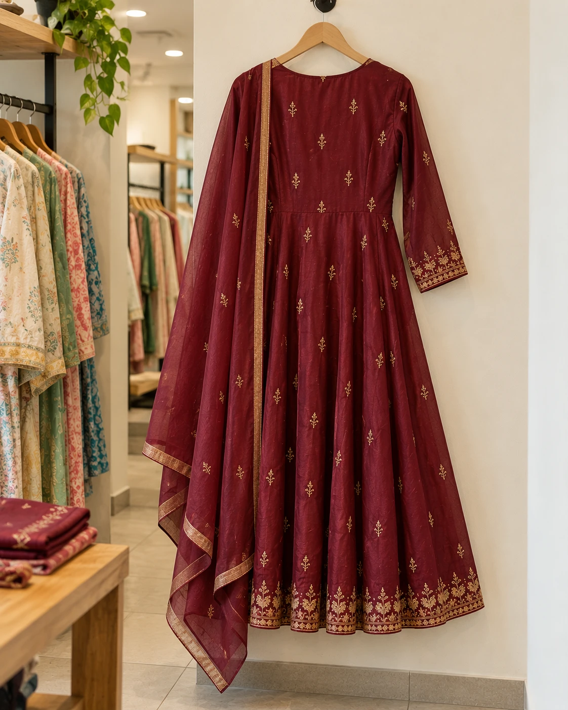 AI-generated alternate view of a hanging wine Anarkali concept