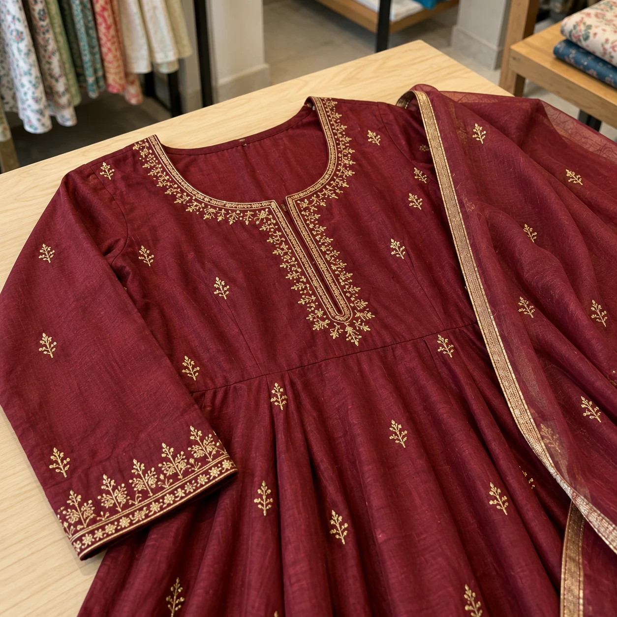 AI-generated neckline and sleeve finishing of a wine kurta concept