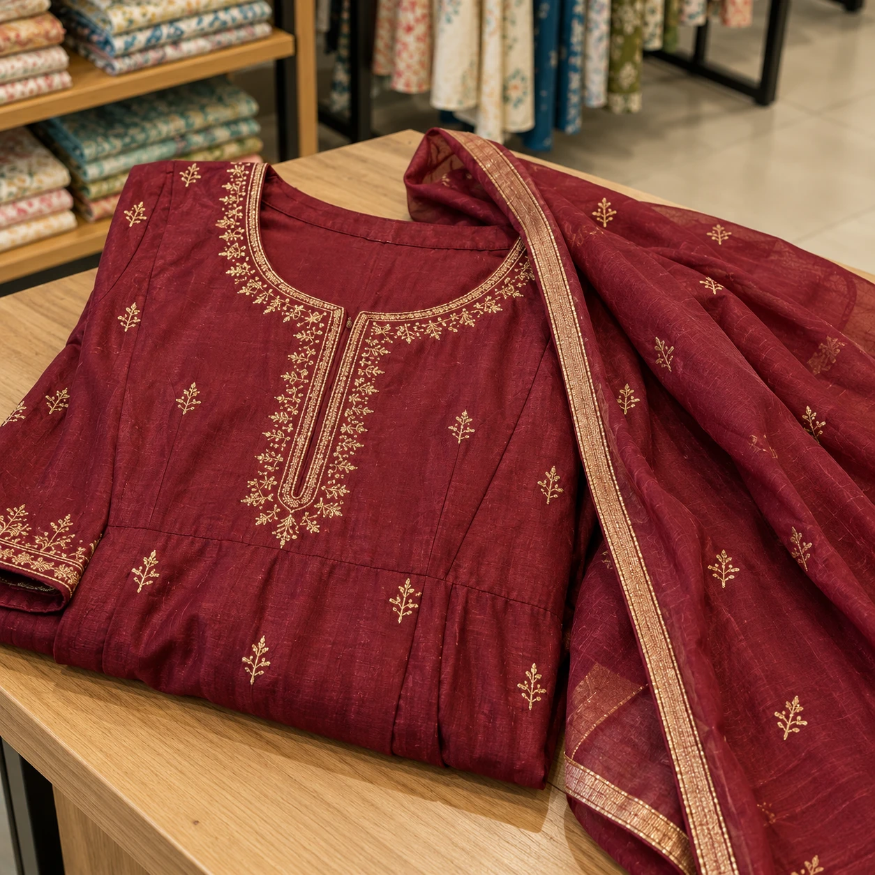 AI-generated detail of wine fabric and restrained gold embroidery