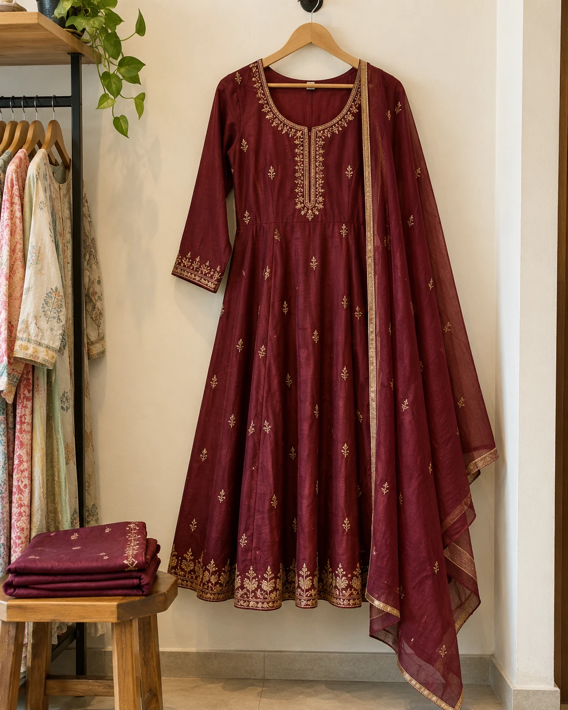 AI-generated wine Anarkali concept on a wooden hanger with matching pieces