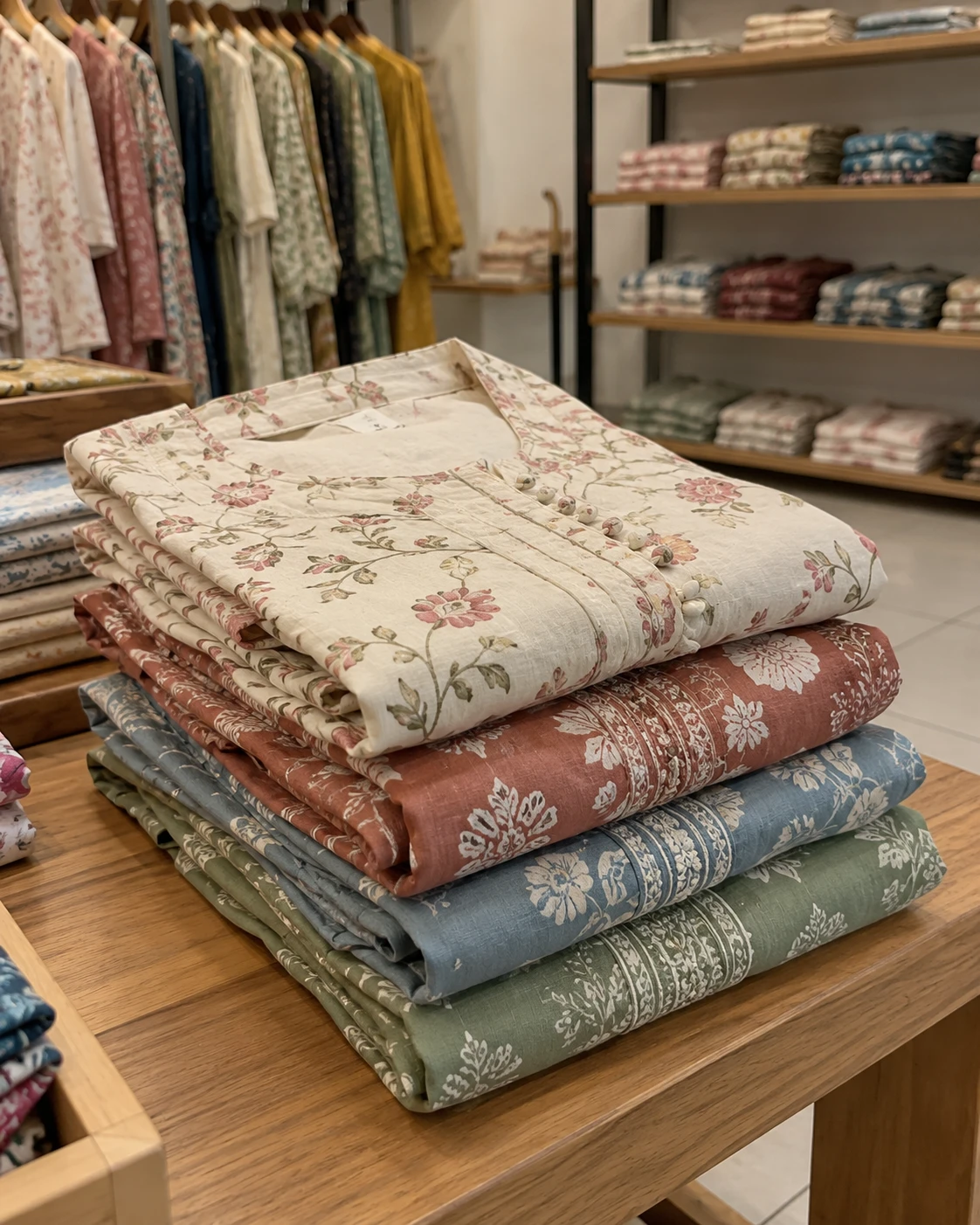Concept image of folded garments arranged on a display counter