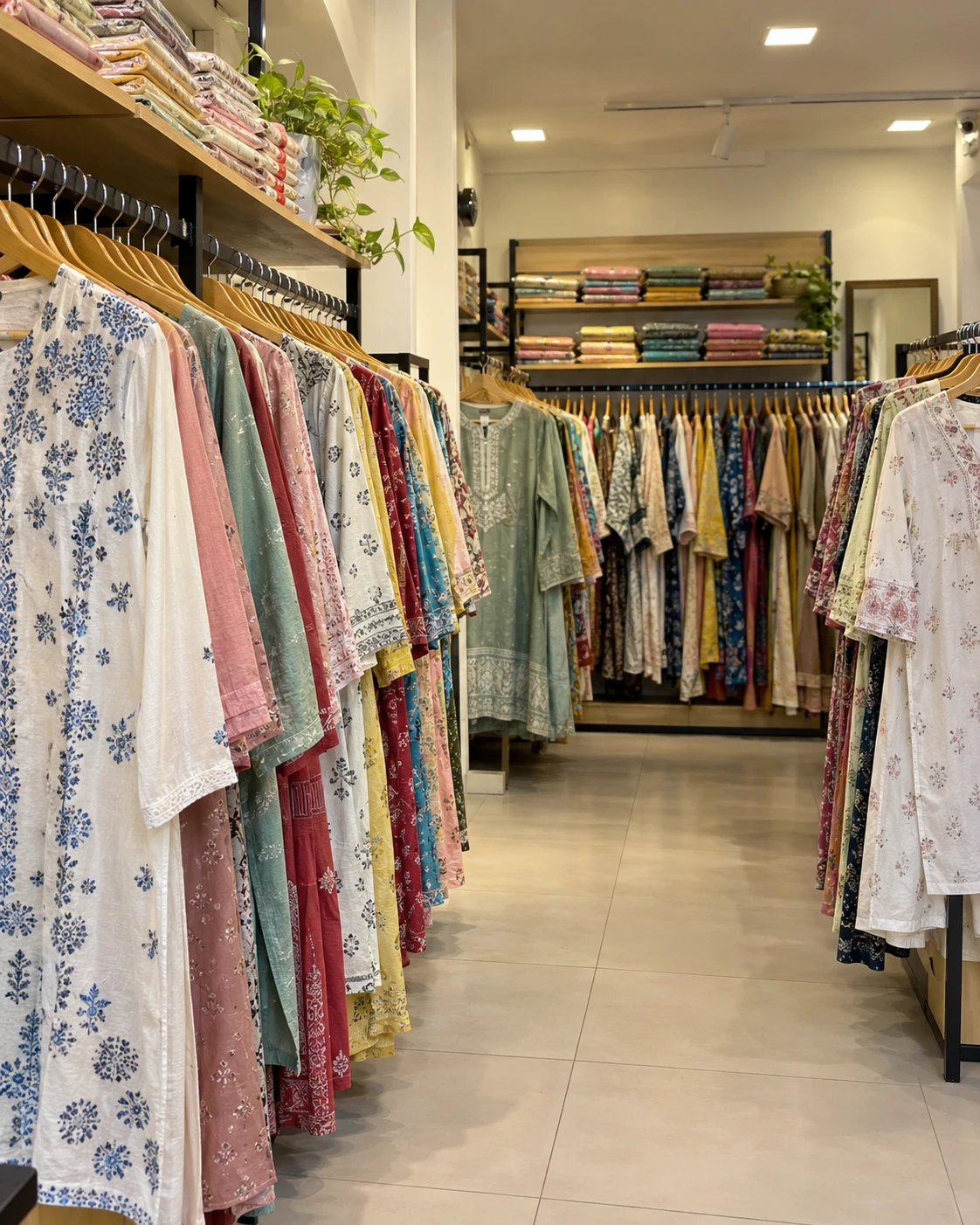 AI-generated concept of a compact womenswear shop aisle with cotton kurta rails