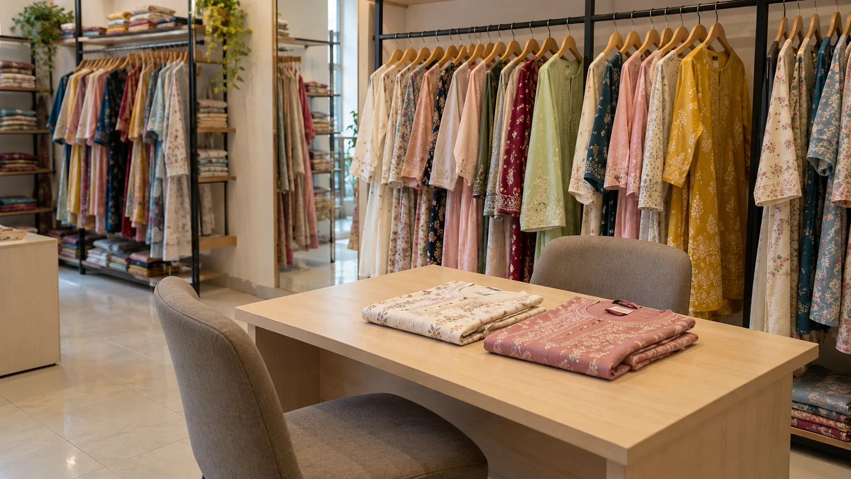 AI-generated concept of a modest womenswear store consultation corner with folded kurta sets