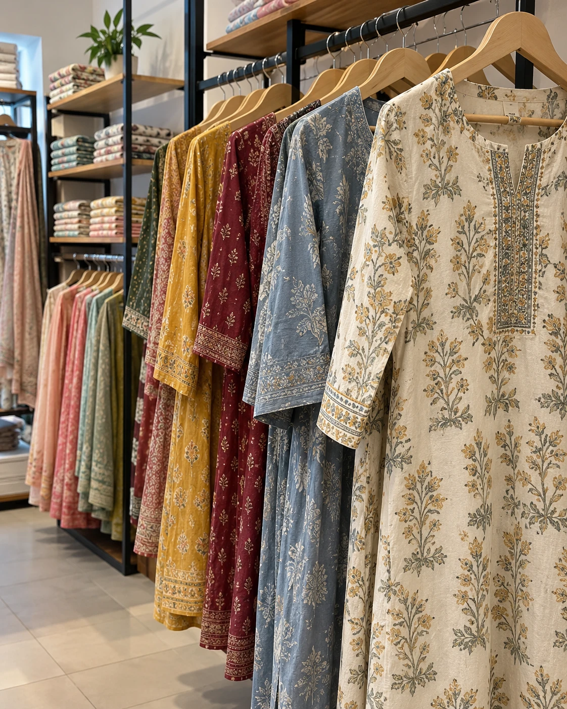 AI-generated concept of printed cotton kurtas on a simple shop rail