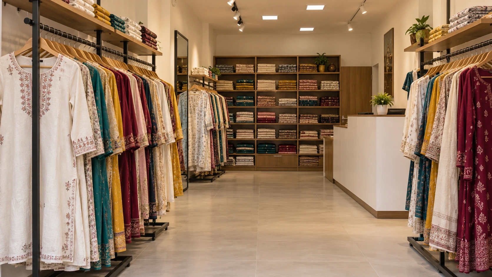 AI-generated concept of an everyday womenswear shop with cotton kurtas, stock shelves and a sales counter