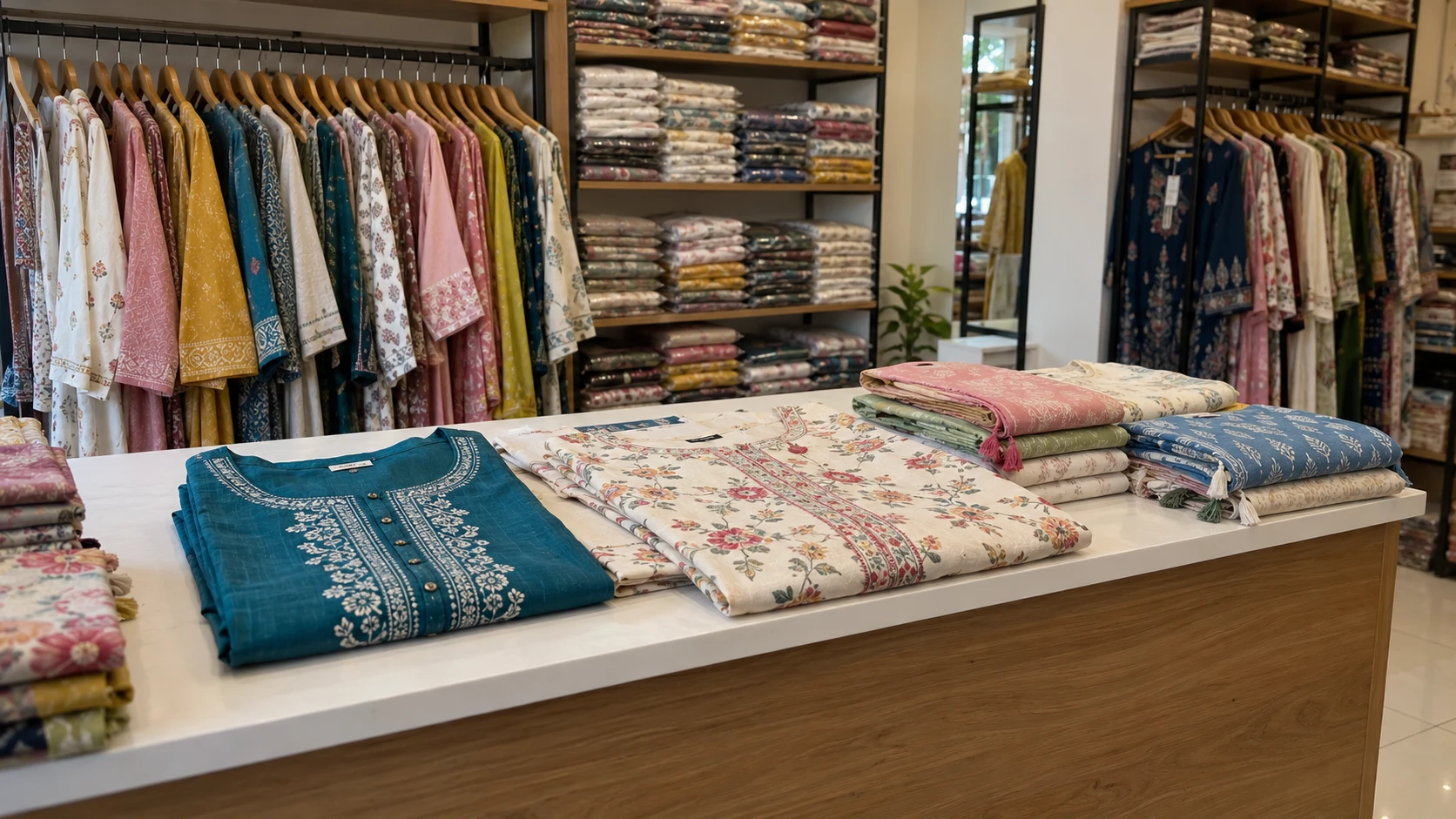 AI-generated concept of folded cotton kurta sets on a practical shop counter