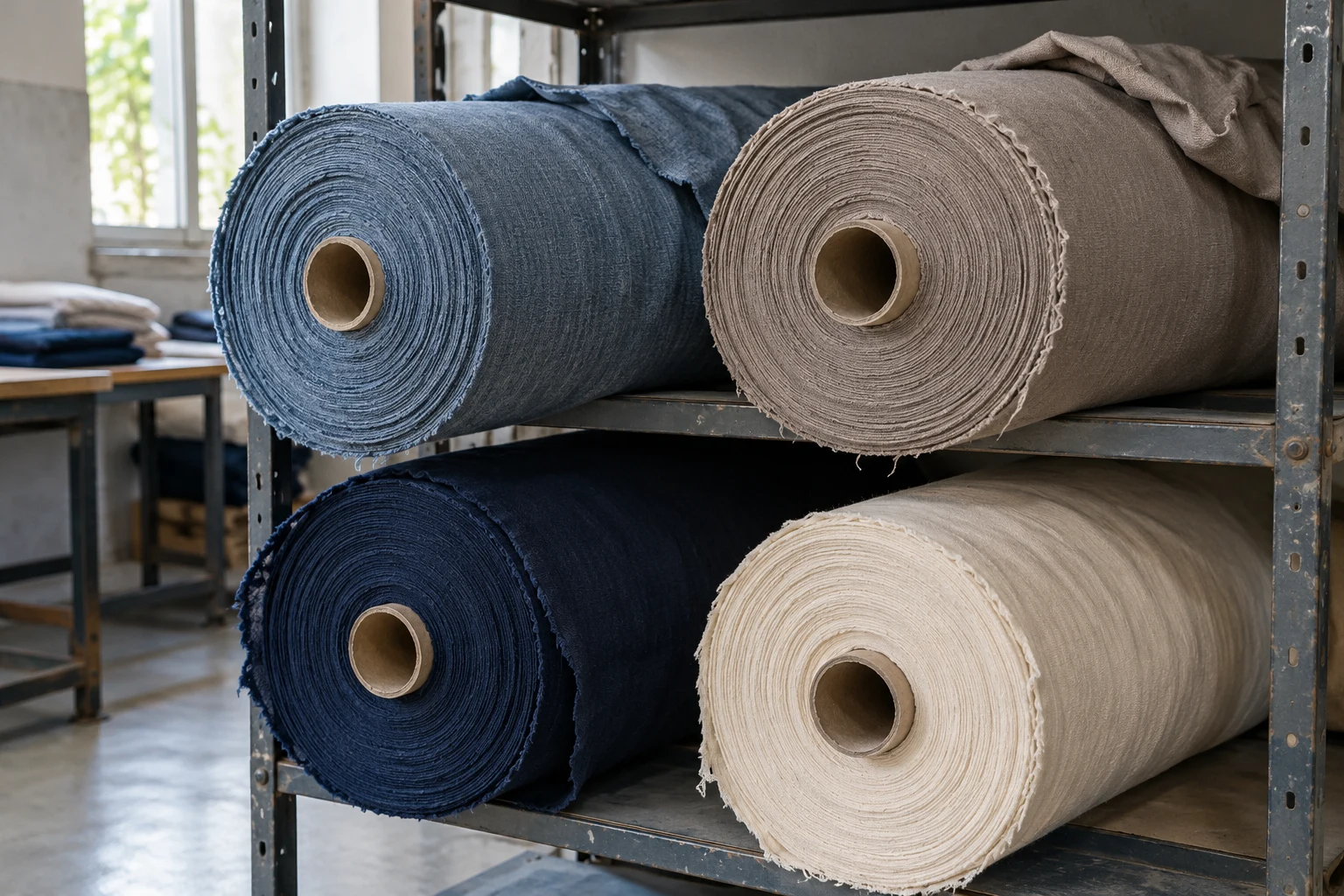 AI-generated illustrative view of cotton rolls on a workshop rack
