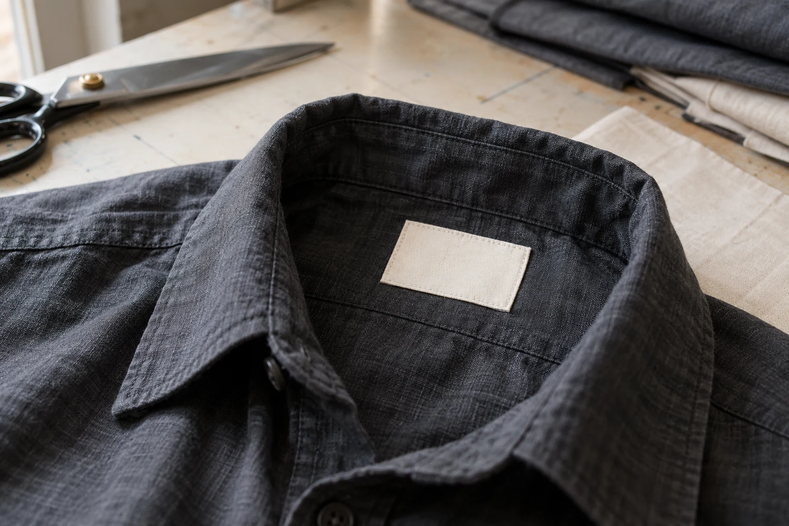 AI-generated illustrative detail of a blank cloth label inside a charcoal shirt