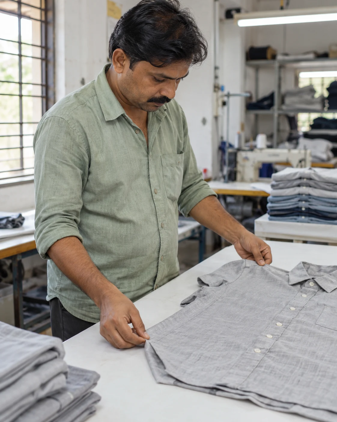 AI-generated illustrative view of a worker checking a grey shirt seam