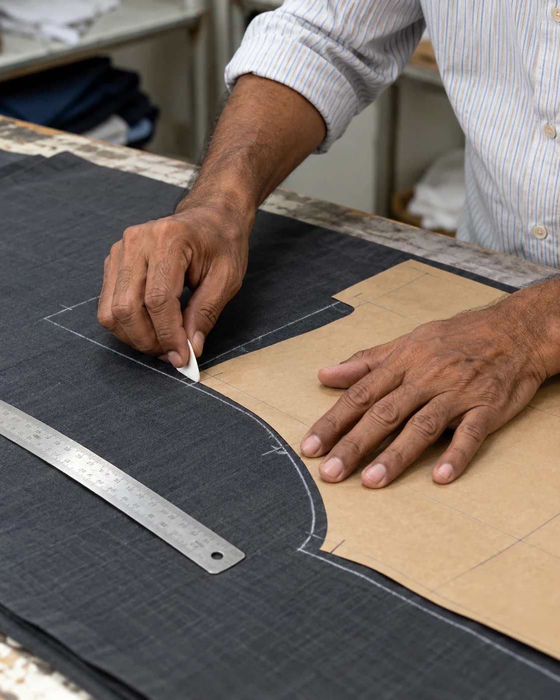 AI-generated illustrative view of a tailor marking cotton around a paper pattern