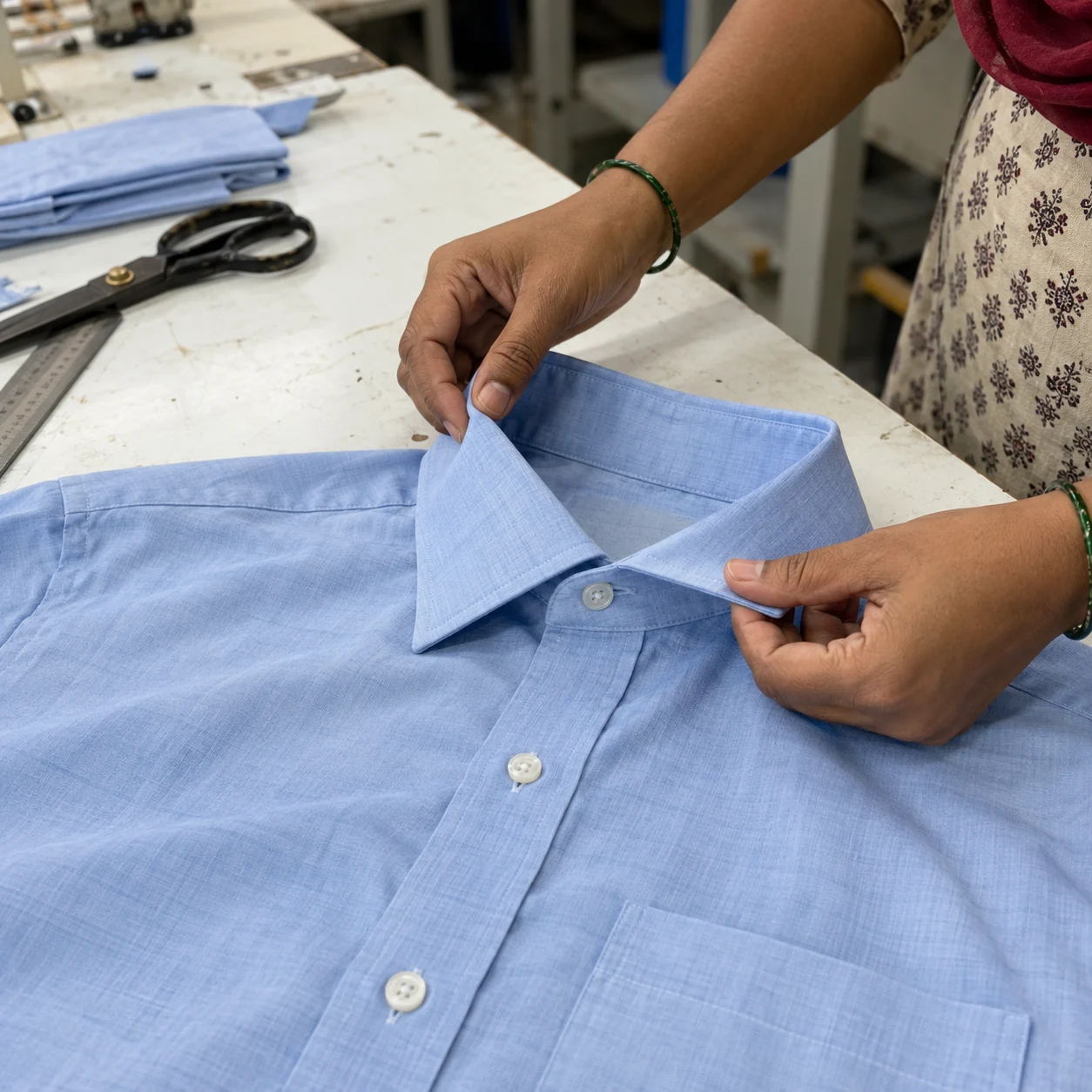 AI-generated illustrative image: Hands checking the collar stitching of a light blue shirt